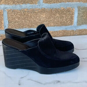 Robert Clergerie Paris Black Leather 3 1/2 Inch Wedge Platform Mules Siz…